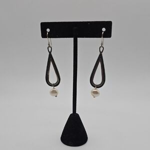 Silpase Hammered Oxidized Sterling Silver and White Pearl Teardrop Earrings